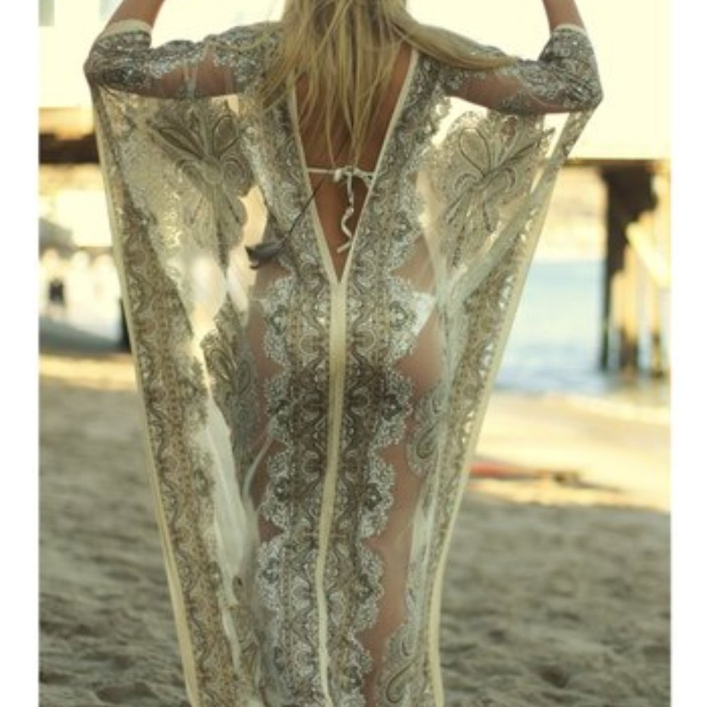 Beige Paisley Silk-Blend Caftan Maxi Dress